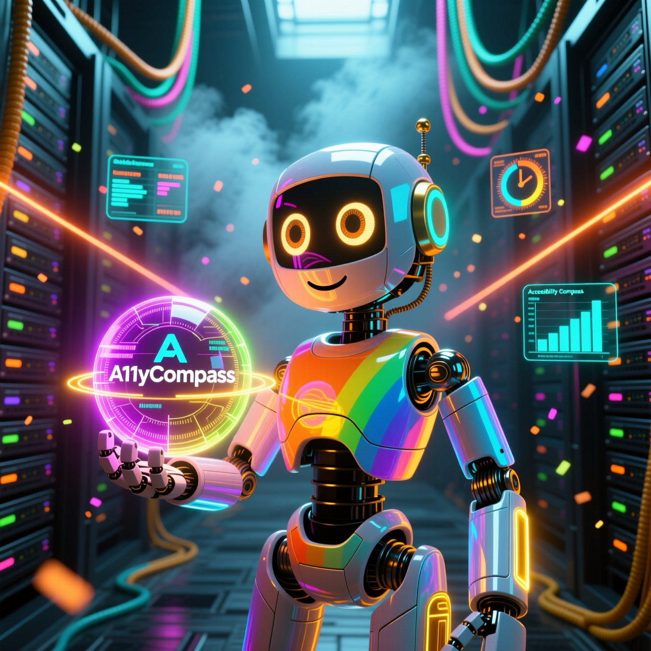 A11yCompass — Inclusive Campaign Command — Accessibility category hero — friendly Pixar-quality mascot robot with big expressive optical eyes, holding an object that represents the category in underground rave-like data cathedral with laser beams cutting through smoke