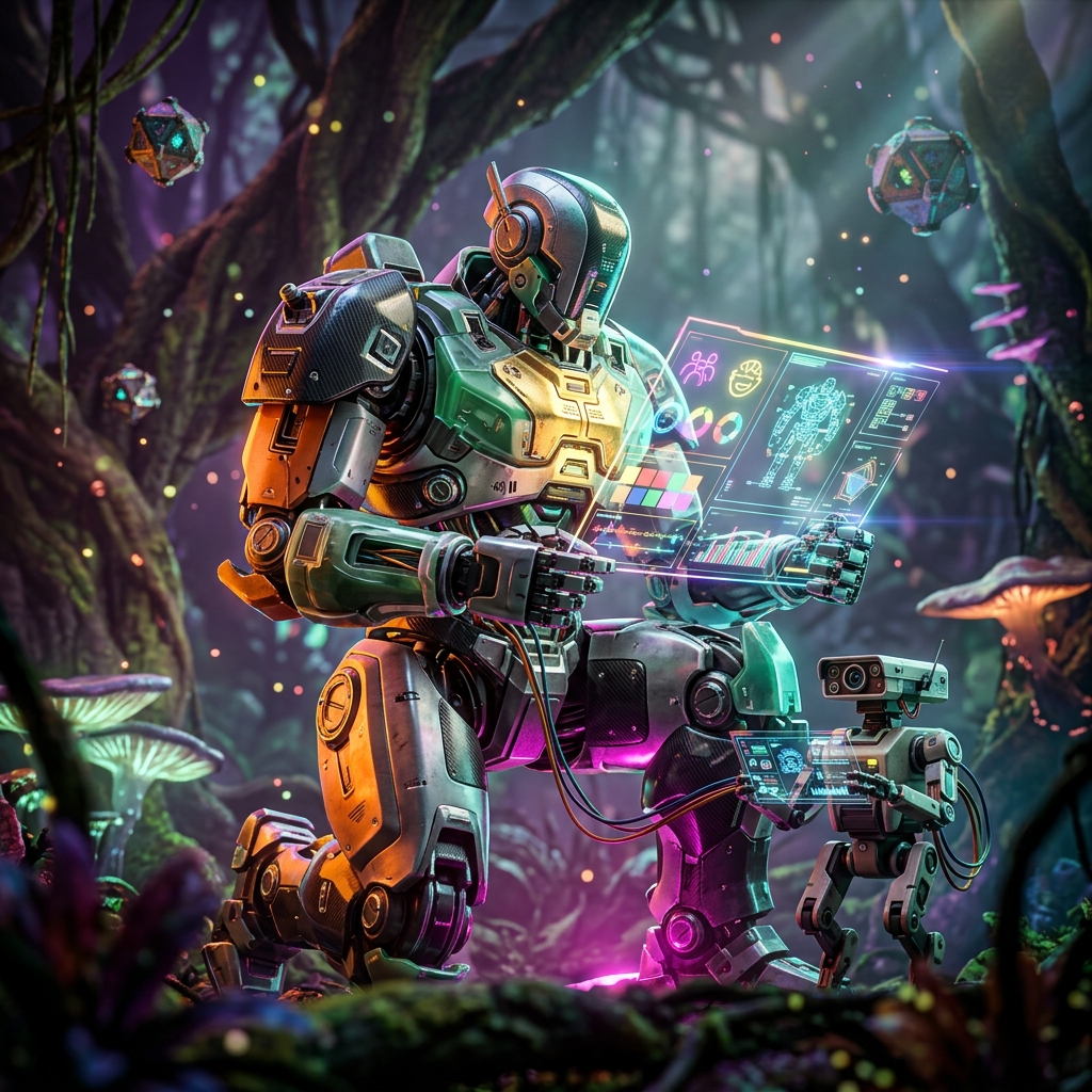 Accelero Studio — Accessibility Production Suite — Accessibility category hero — duo of contrasting robots — one large hero mech and a small companion droid — composed cinematically in alien jungle biome with glowing flora and floating tech artifacts