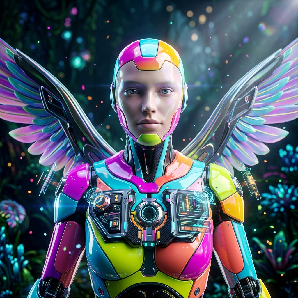 Accessibility Command Grid | A11yGridOps β Accessibility category hero β courier-style android with iridescent wings unfurled, mid-flight silhouette against the environment in alien jungle biome with glowing flora and floating tech artifacts