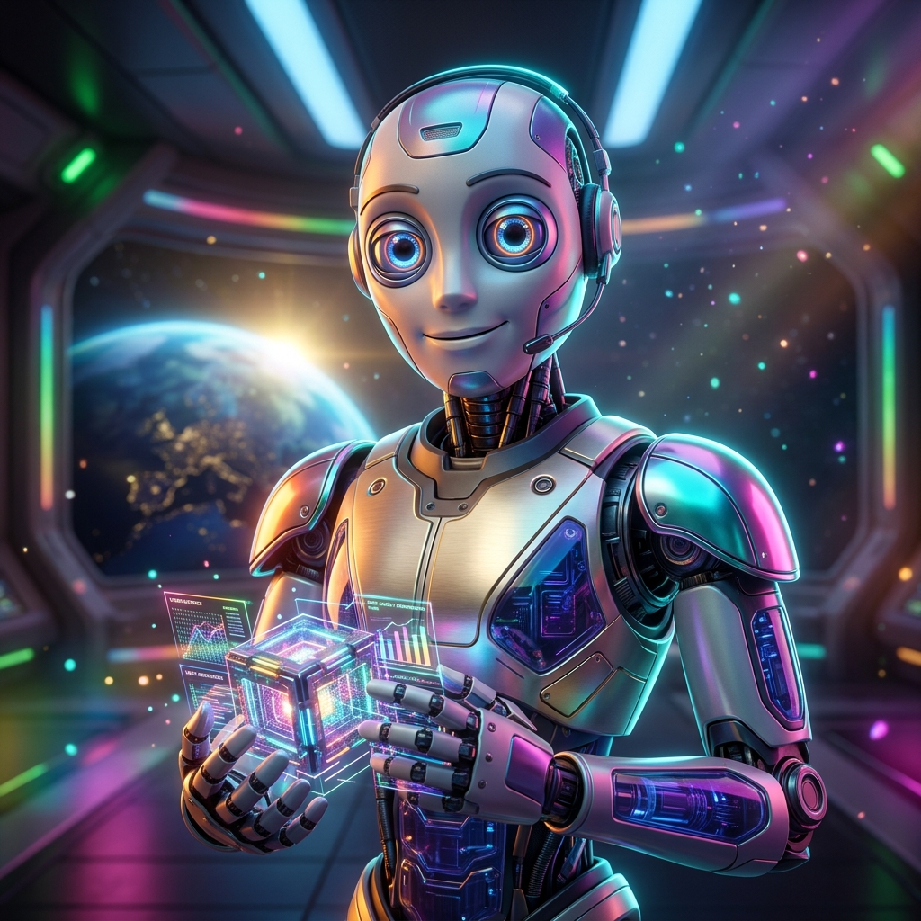 AccessPilot — Identity & Access Management Mission Control — Antivirus & Cybersecurity category hero — friendly Pixar-quality mascot robot with big expressive optical eyes, holding an object that represents the category in orbital space station observation deck with a planet glowing outside the panoramic window
