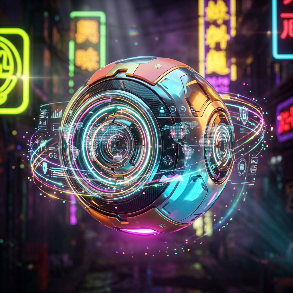 AccessPulse IAM — Identity & Access Command — Antivirus & Cybersecurity category hero — floating spherical AI orb with concentric glowing rings and orbiting holographic icons around it in Blade-Runner-style noodle-shop alley with dense neon signage in the background