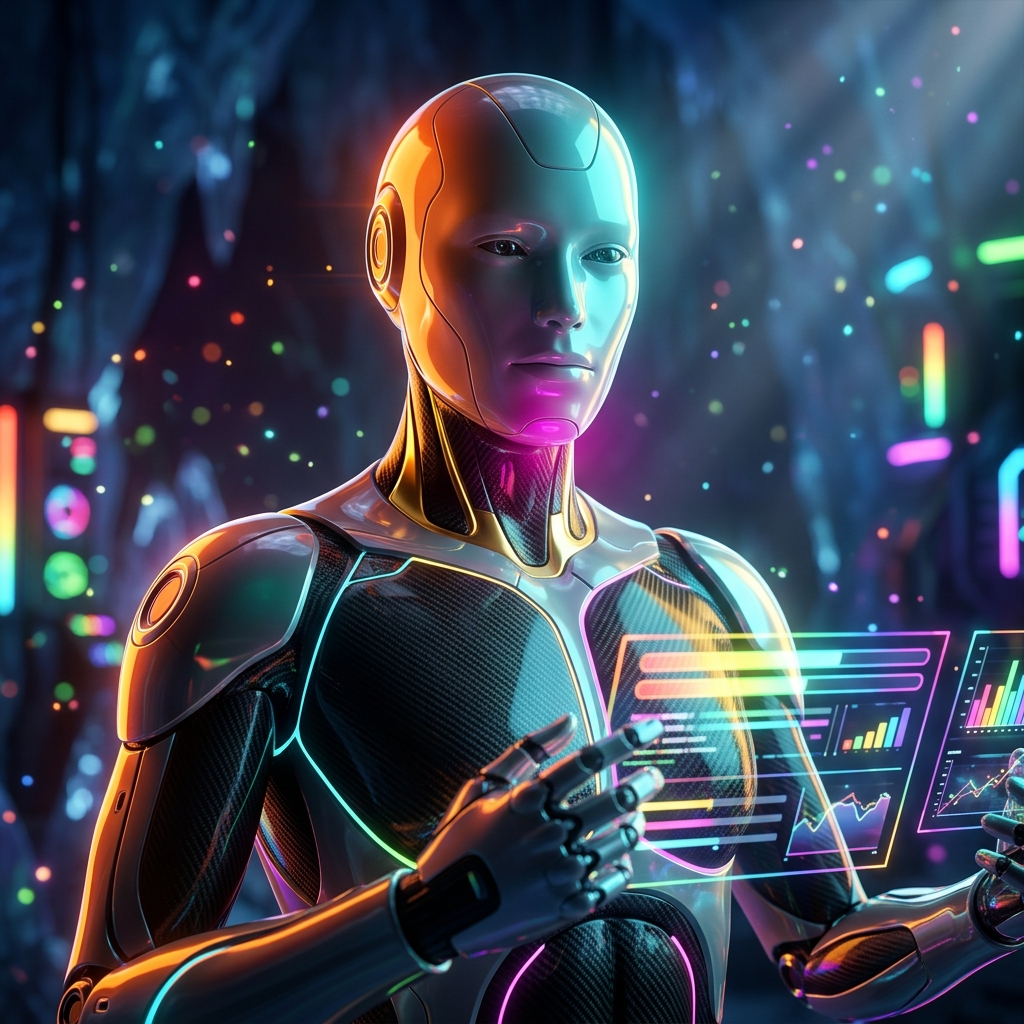AdvertForge — Insurance Agency Command Center — Business Management category hero — sleek sports-car-inspired bipedal android mid-motion, carbon-fiber musculature and glowing accent lines in crystalline ice cavern lit by bioluminescent tech installations