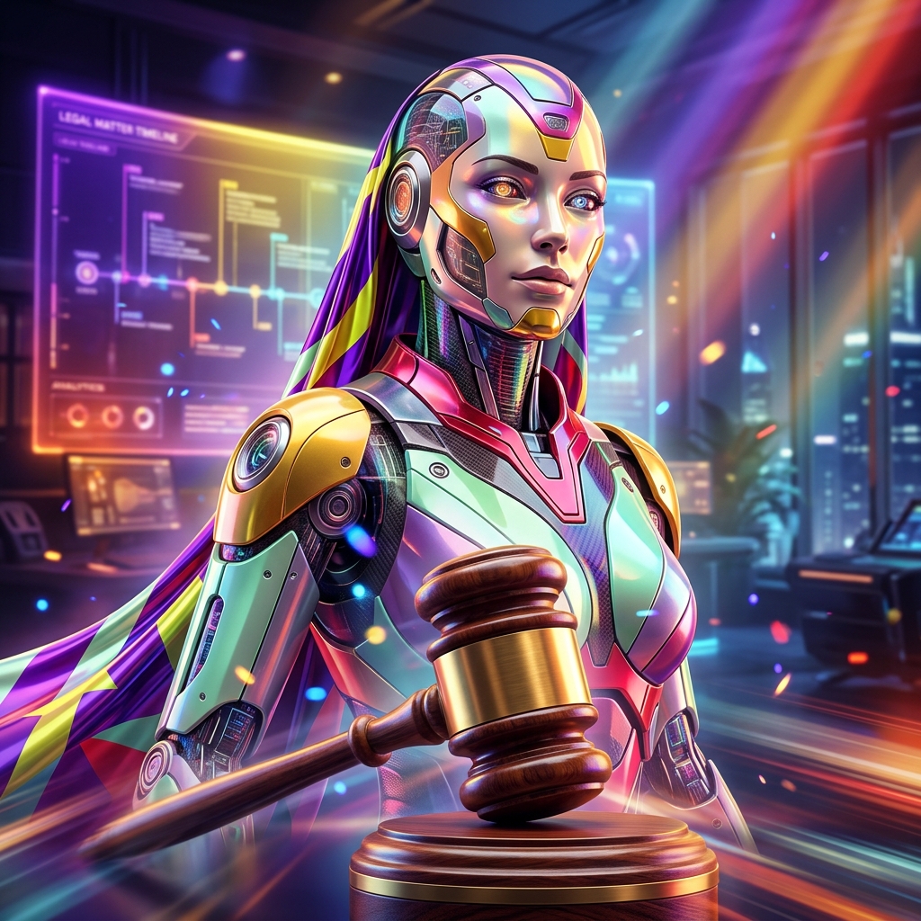 Advocate Atlas | Legal Matter Atlas & Docket Command — Legal category hero — elegant fashion-forward android in flowing reflective couture fabric, editorial pose in futuristic control room with massive glowing holographic screens and volumetric light rays