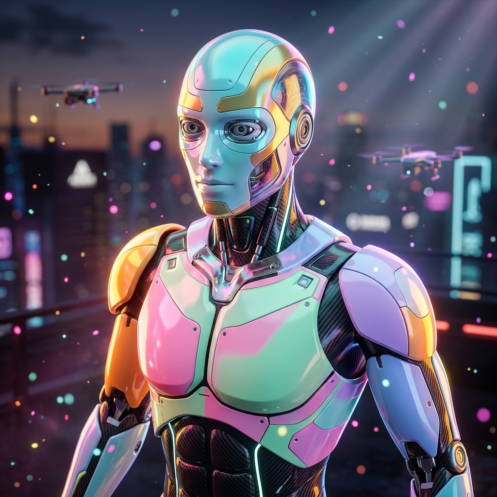 Aegis School Command — Operations Cockpit for Modern School Admi — Education category hero — sleek sports-car-inspired bipedal android mid-motion, carbon-fiber musculature and glowing accent lines in rooftop overlooking a neon megacity skyline at dusk, drones flying in the distance