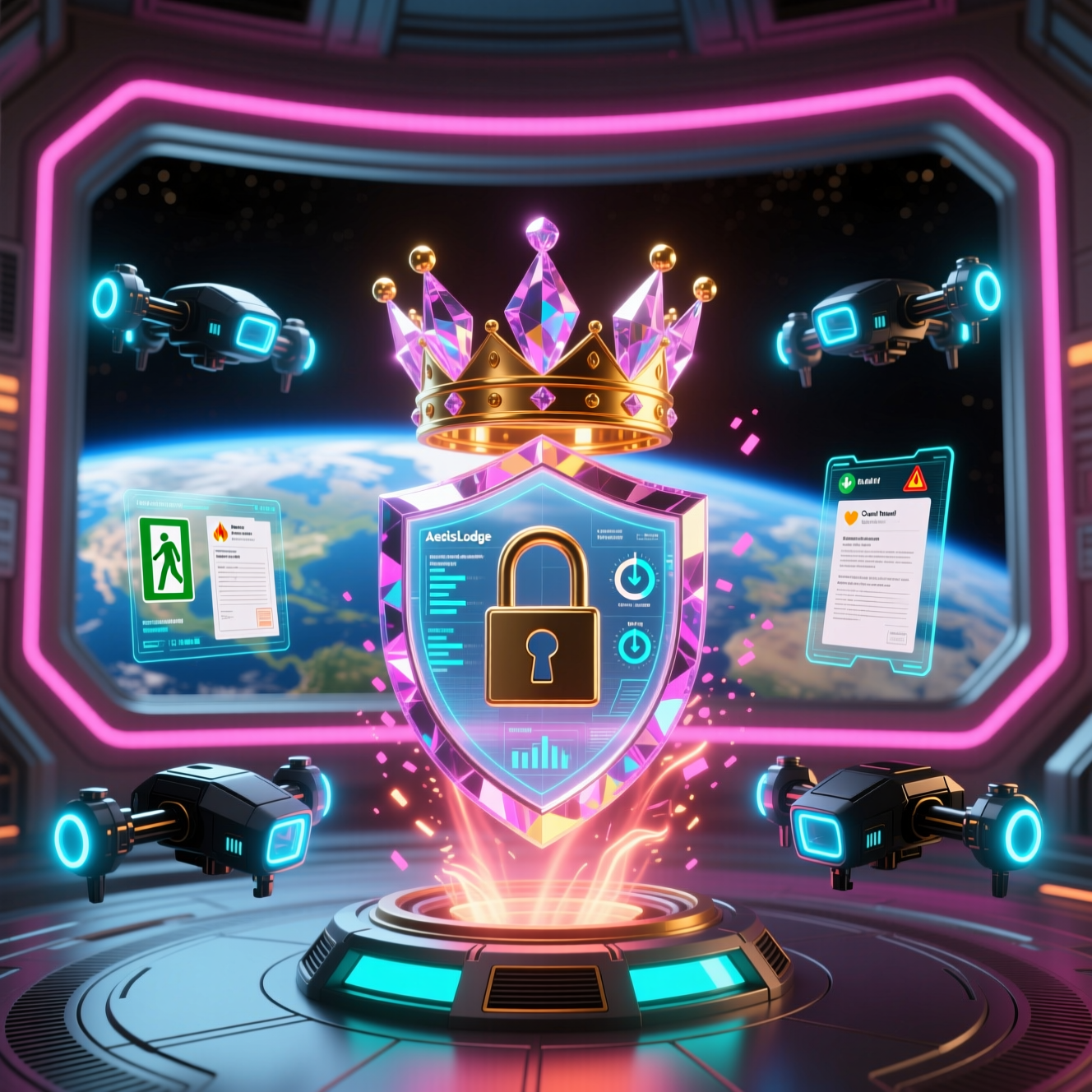 AegisLodge — Hotel Compliance Intelligence Ledger — Business Management category hero — glowing digital shield / padlock / crown / crystal object at the frame center, protected by hovering tech drones in orbital space station observation deck with a planet glowing outside the panoramic window