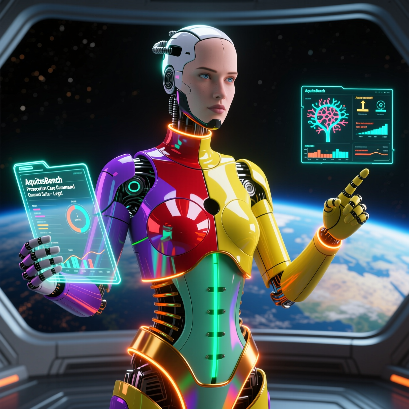 AequitasBench — Prosecution Case Command Suite — Legal category hero — elegant fashion-forward android in flowing reflective couture fabric, editorial pose in orbital space station observation deck with a planet glowing outside the panoramic window