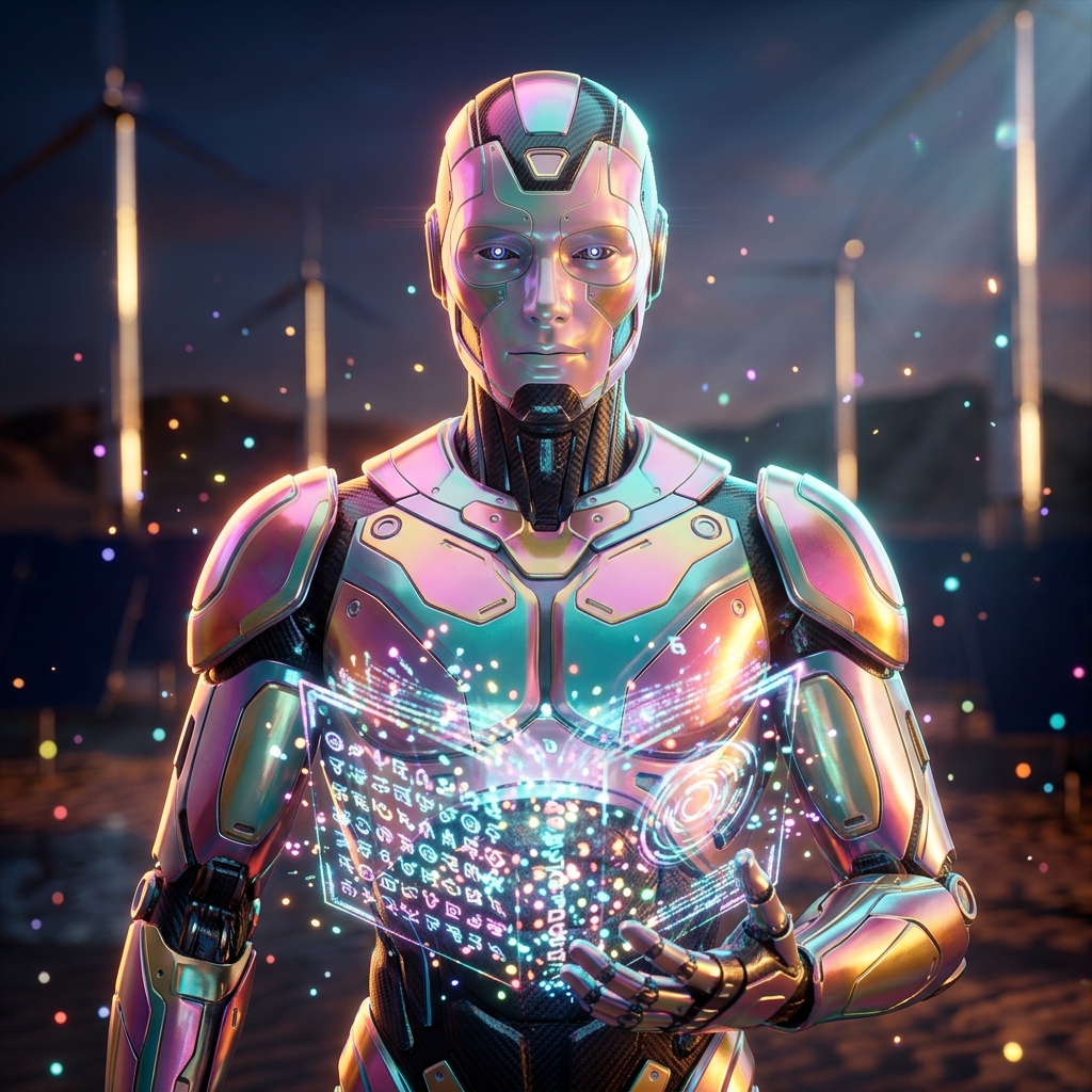 AetherForge · Metaverse Campaign War Room — Metaverse category hero — sci-fi wizard robot with a floating spellbook of holographic glyphs and light particles in desert solar farm at magic hour with reflective sand and towering chrome pylons