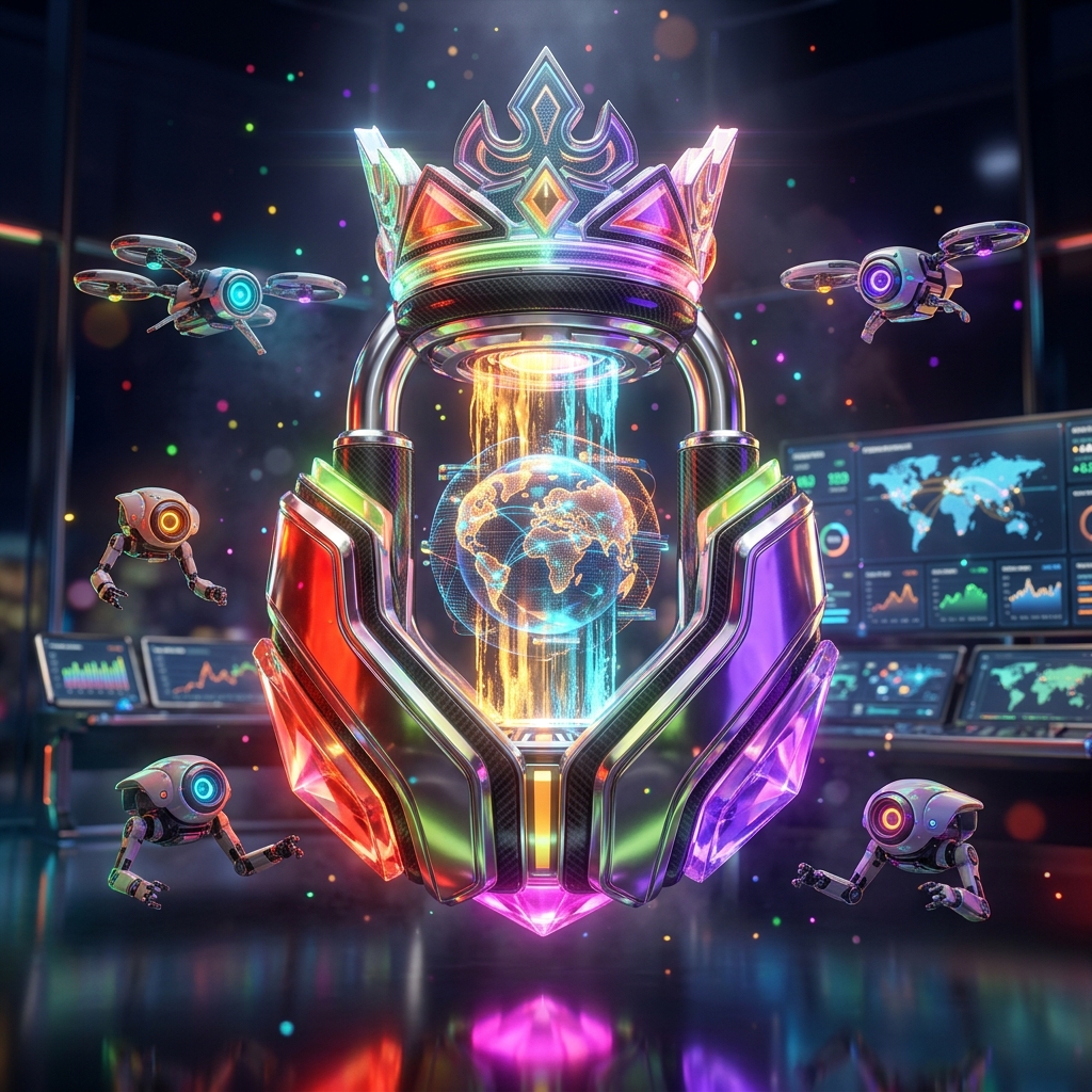 AffiliateForge Command | Partner & Commission Intelligence β Art category hero β glowing digital shield / padlock / crown / crystal object at the frame center, protected by hovering tech drones in chrome-and-glass showroom with mirrored floor and rim-lit product staging