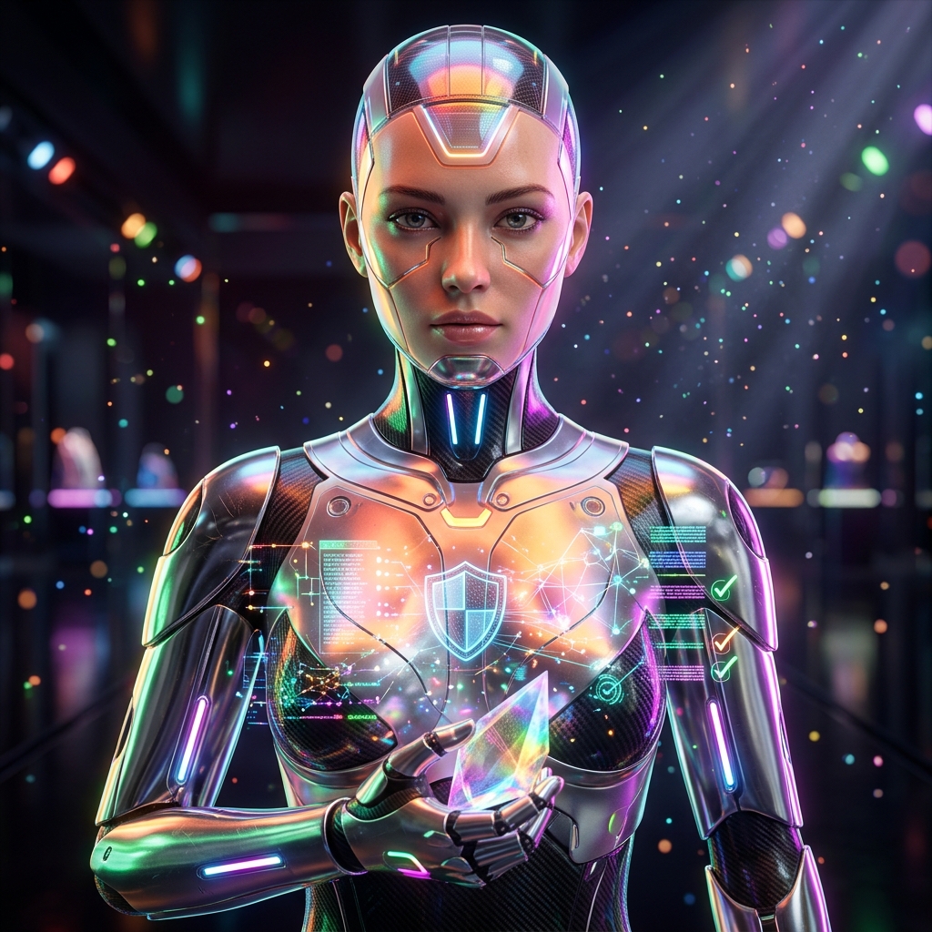 AffiliateGuard – Compliance Intelligence Ledger — Affiliate Marketing category hero — elegant fashion-forward android in flowing reflective couture fabric, editorial pose in chrome-and-glass showroom with mirrored floor and rim-lit product staging