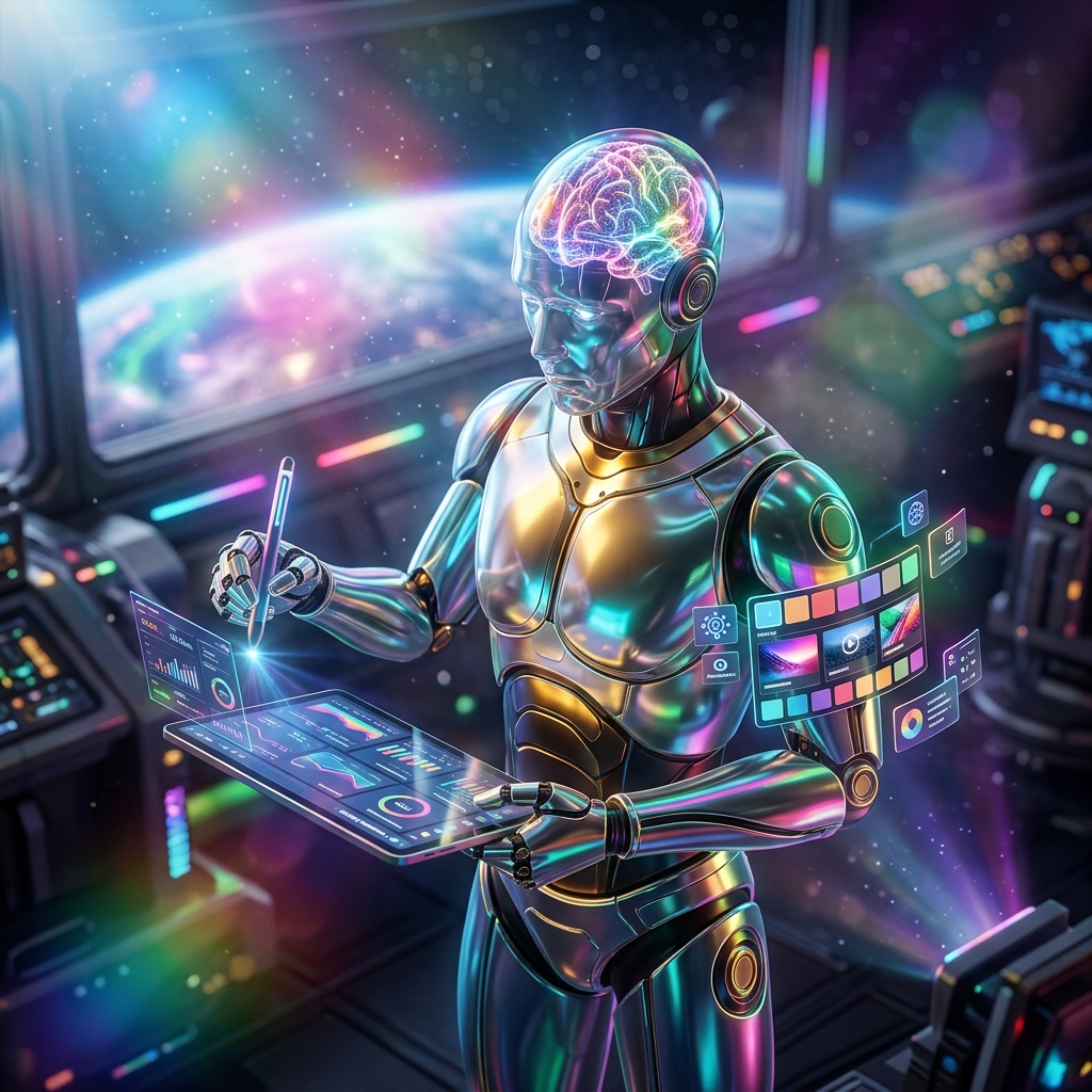 AffiliateStrike – Studio Production Suite — Affiliate Marketing category hero — translucent glass humanoid figure with a glowing neural-network brain visible inside its head in orbital space station observation deck with a planet glowing outside the panoramic window
