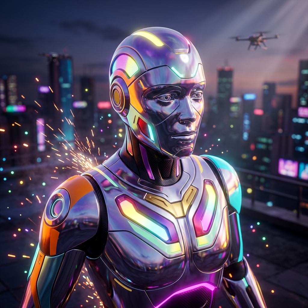 AgriCore FieldOS | Farm Operations Intelligence — 3D Modeling category hero — chrome-plated bipedal android caught mid-motion, sparks and light particles trailing around it in rooftop overlooking a neon megacity skyline at dusk, drones flying in the distance