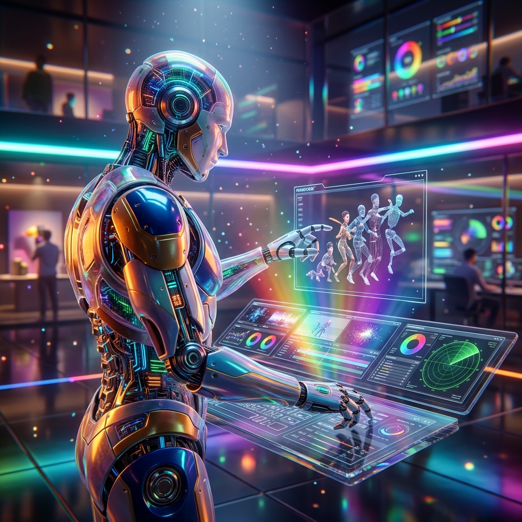 Animator's Mission Control — Frameforge Command Deck — Animation category hero — cinematic cyborg character seen in three-quarter profile, exposed circuitry glowing beneath translucent skin, intense neon rim light in chrome-and-glass showroom with mirrored floor and rim-lit product staging