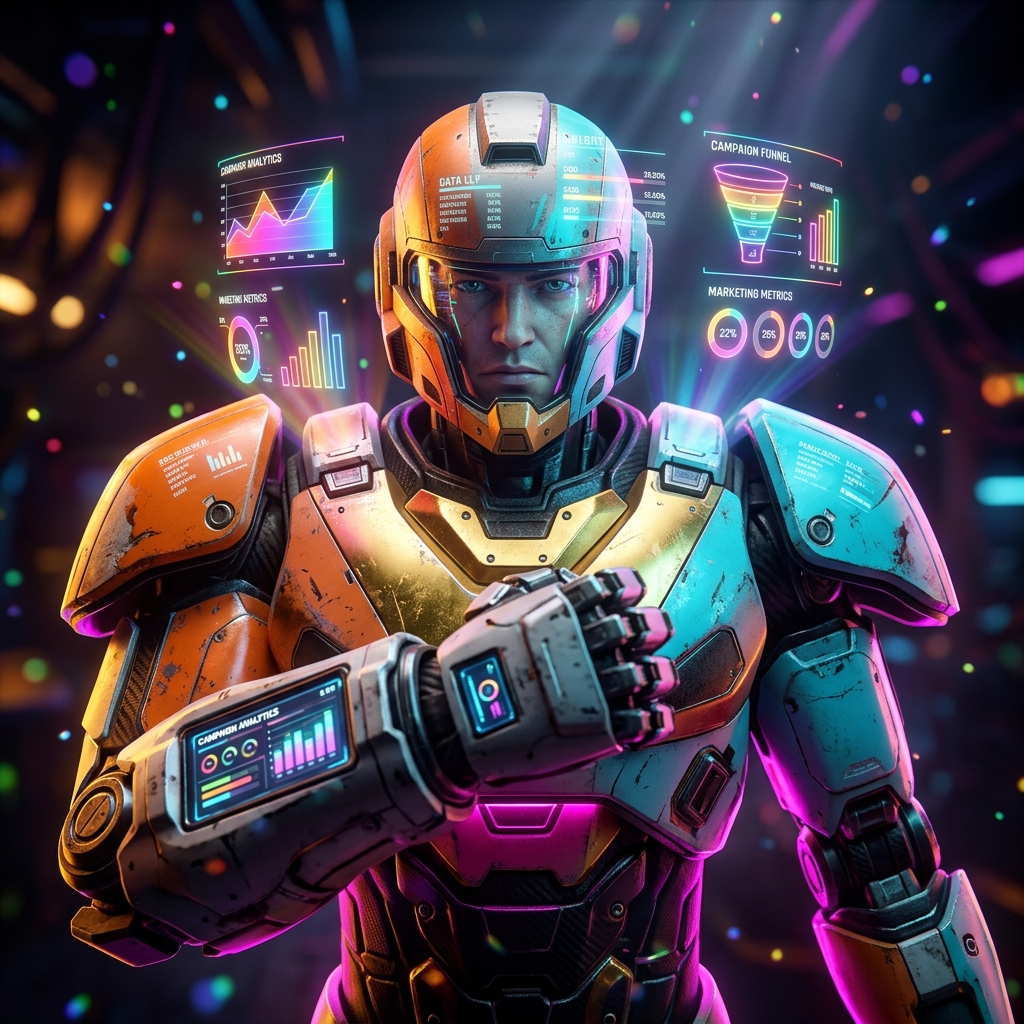 Aperture War Room | Campaign Command Wall — Marketing Tools category hero — war-worn but heroic mech pilot robot with painted panels, weathered detail, cinematic hero lighting in Formula-1 style pit garage with saturated color lighting and mechanical detail