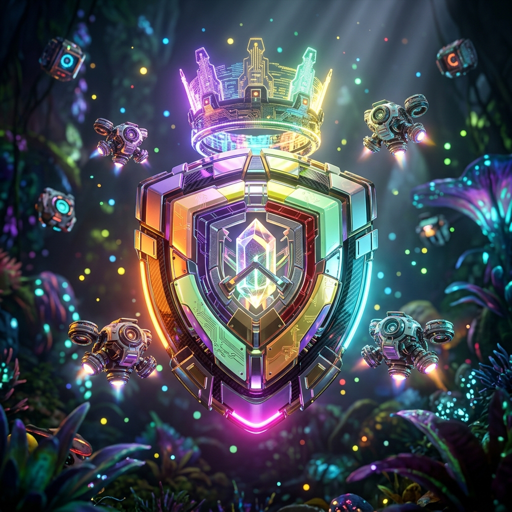 API Workbench Pro – Studio Production Suite — API Development category hero — glowing digital shield / padlock / crown / crystal object at the frame center, protected by hovering tech drones in alien jungle biome with glowing flora and floating tech artifacts