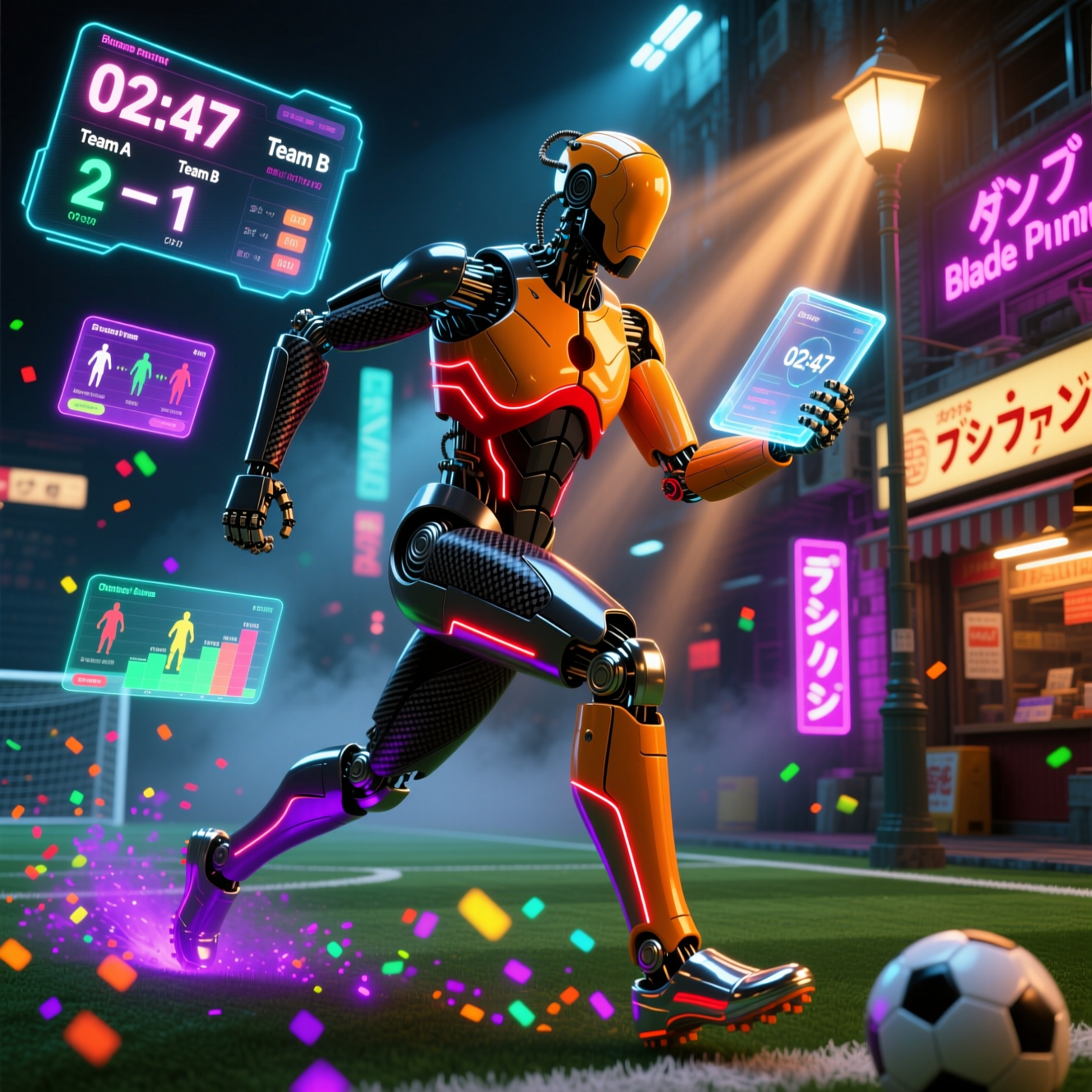 ArbiterCommand — Referee Match Operations Console — Sports category hero — sleek sports-car-inspired bipedal android mid-motion, carbon-fiber musculature and glowing accent lines in Blade-Runner-style noodle-shop alley with dense neon signage in the background
