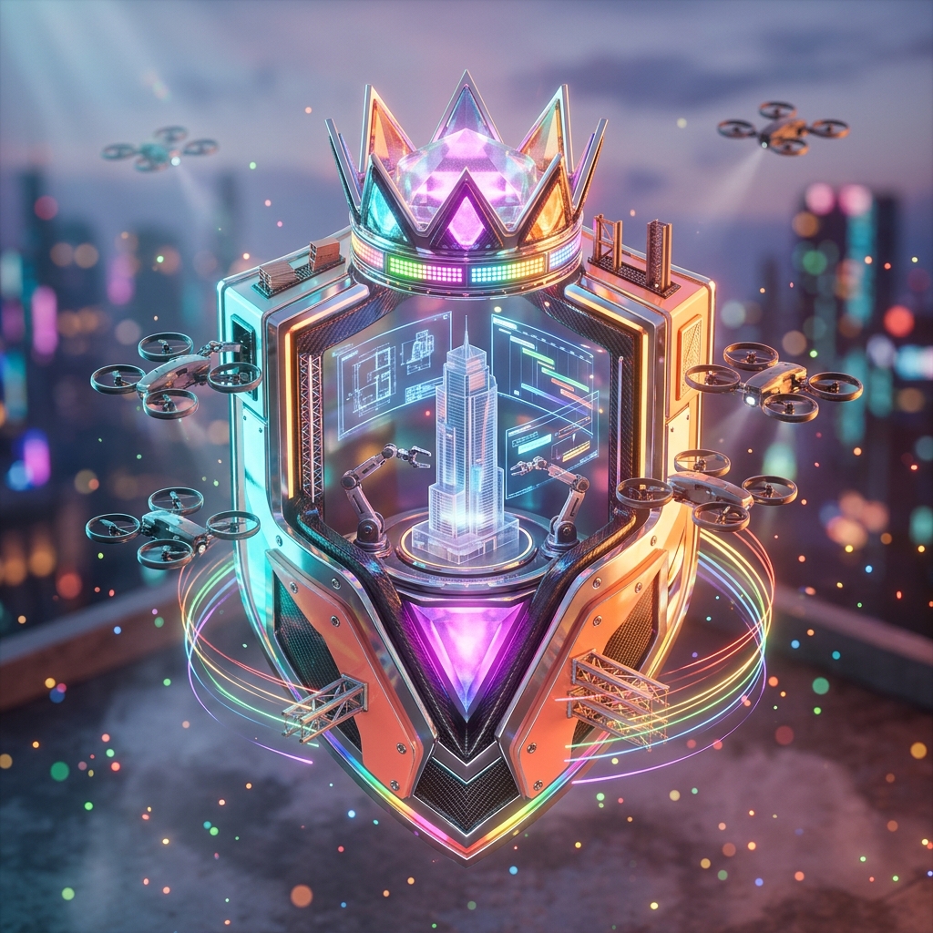 Architectural Design | AtelierOS — Architectural Design category hero — glowing digital shield / padlock / crown / crystal object at the frame center, protected by hovering tech drones in rooftop overlooking a neon megacity skyline at dusk, drones flying in the distance