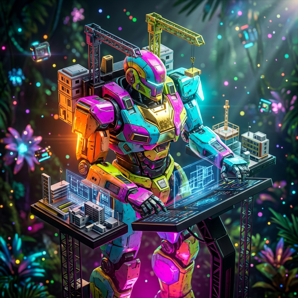 Architectural Design | AtelierOS Mission Control — Architectural Design category hero — war-worn but heroic mech pilot robot with painted panels, weathered detail, cinematic hero lighting in alien jungle biome with glowing flora and floating tech artifacts
