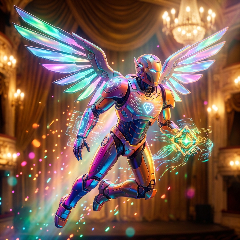 Archival Command — Records Operations Cockpit — Archive category hero — courier-style android with iridescent wings unfurled, mid-flight silhouette against the environment in golden-lit theater interior with heavy velvet curtains and cinematic chandeliers