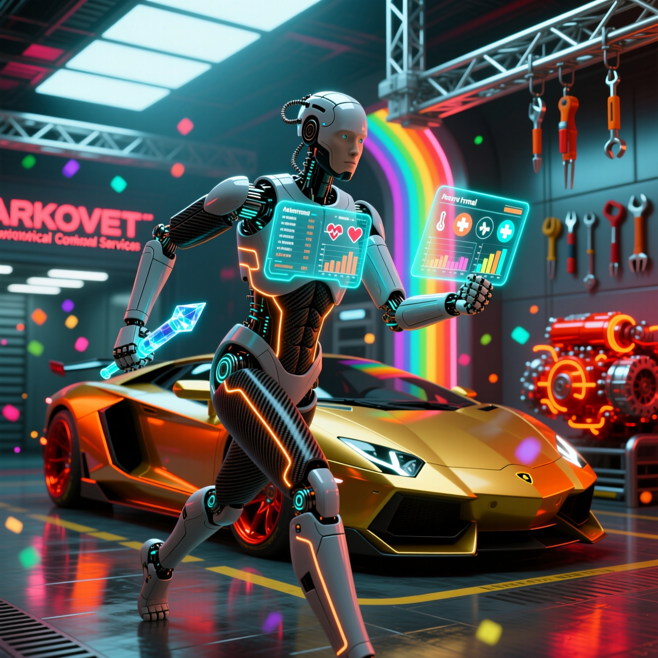 Arkovet Terminal — Veterinary Clinical Command Center — Medical Services category hero — sleek sports-car-inspired bipedal android mid-motion, carbon-fiber musculature and glowing accent lines in Formula-1 style pit garage with saturated color lighting and mechanical detail