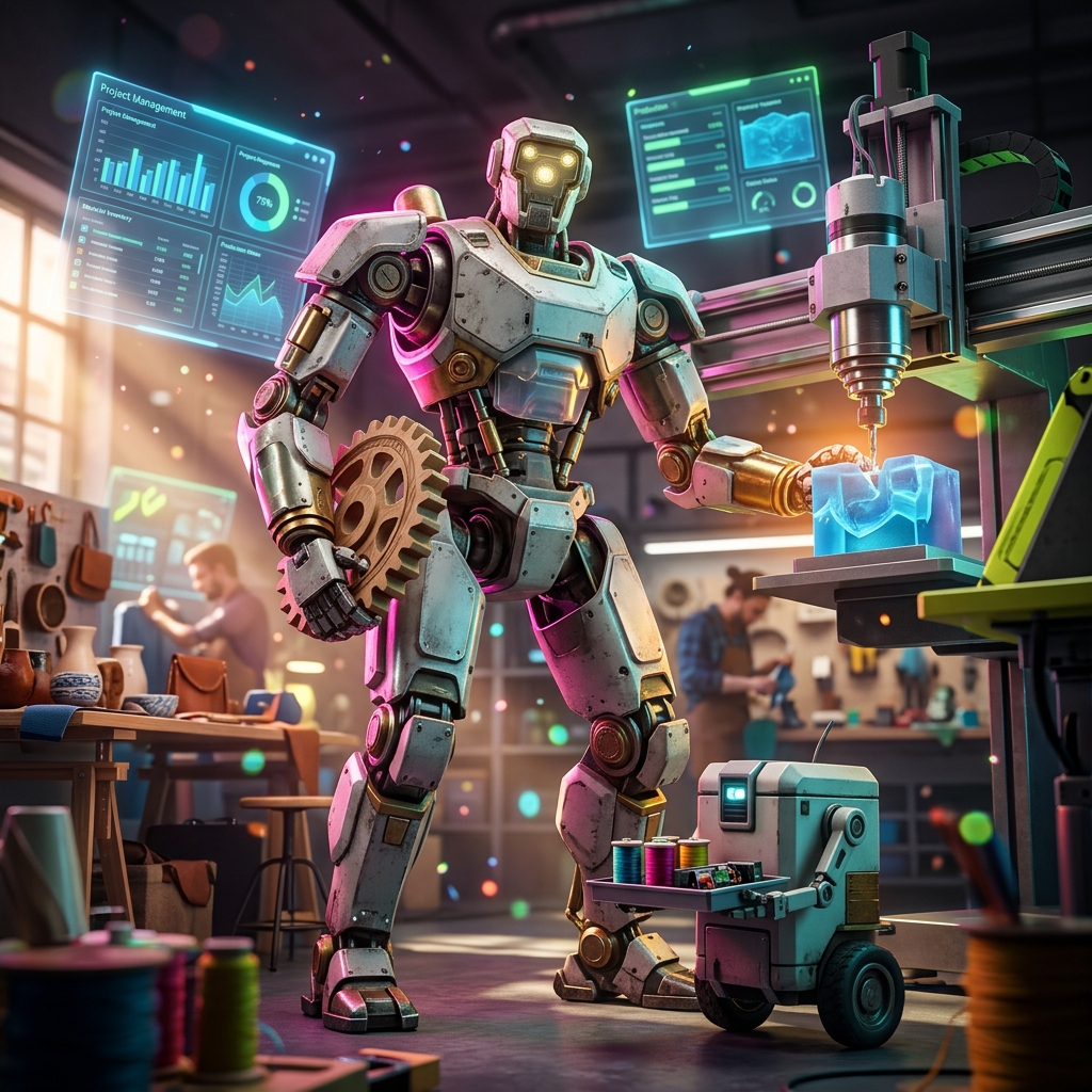 Artefacta — Crafts & Maker Production OS — Crafts category hero — duo of contrasting robots — one large hero mech and a small companion droid — composed cinematically in futuristic control room with massive glowing holographic screens and volumetric light rays