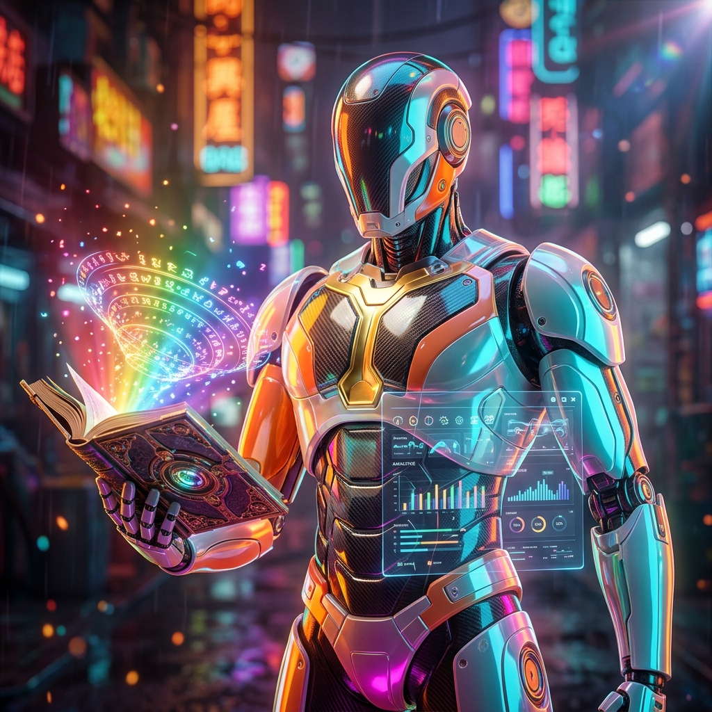 Artelier Command — Mission Control for the Modern Art Department — Art category hero — sci-fi wizard robot with a floating spellbook of holographic glyphs and light particles in Blade-Runner-style noodle-shop alley with dense neon signage in the background