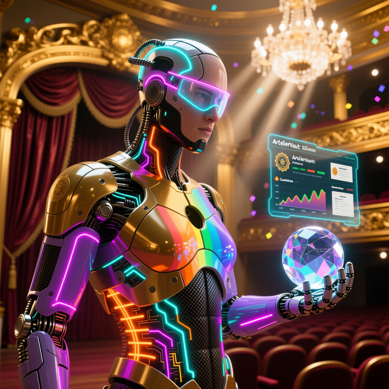 ArtelierVault — Studio Inventory & Provenance Console — Investment category hero — cinematic cyborg character seen in three-quarter profile, exposed circuitry glowing beneath translucent skin, intense neon rim light in golden-lit theater interior with heavy velvet curtains and cinematic chandeliers