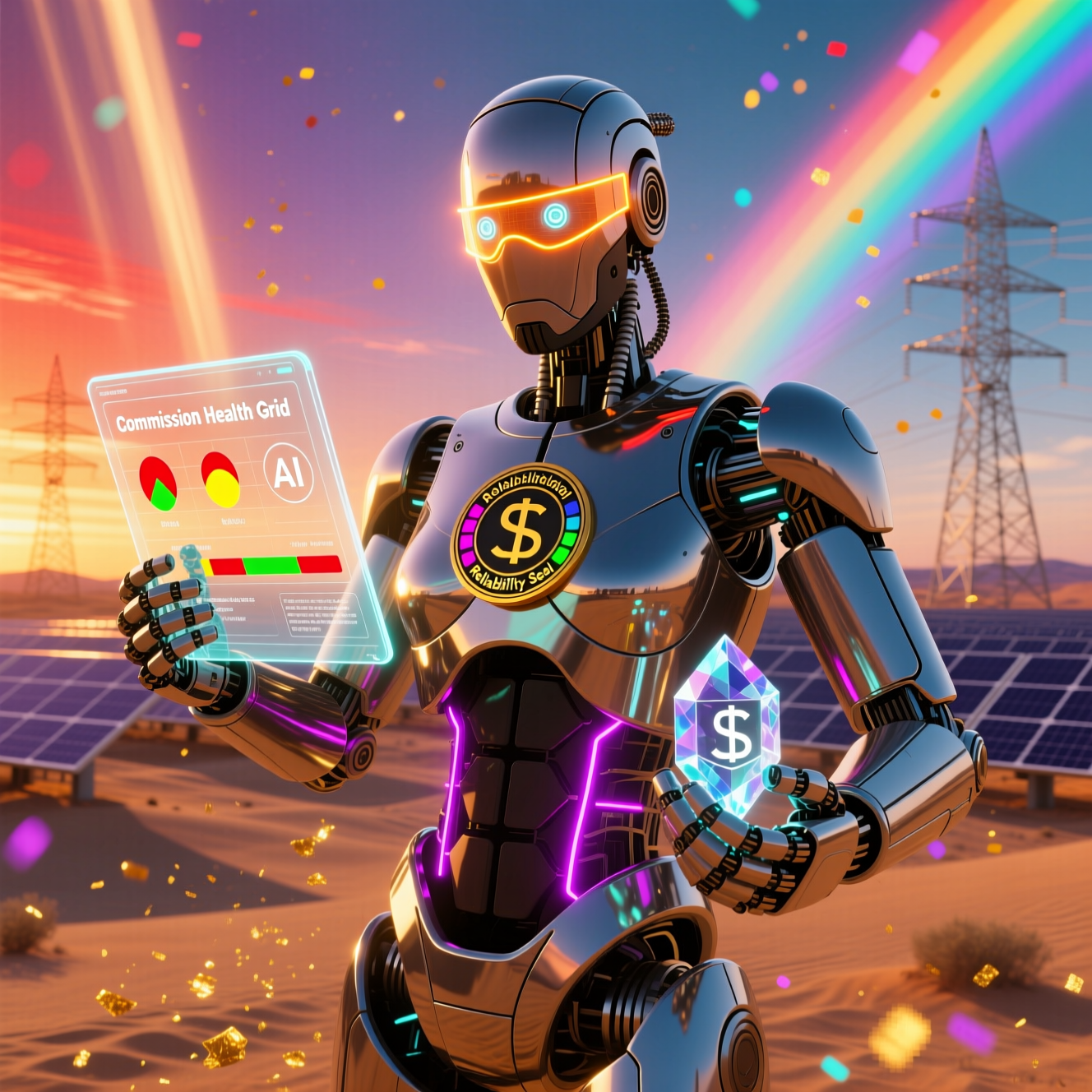 Artezio Console — Artist Commission Reliability Platform — Legal category hero — hyper-detailed humanoid robot with glossy plating and glowing visor eyes, striking a confident hero pose in the center of the frame in desert solar farm at magic hour with reflective sand and towering chrome pylons