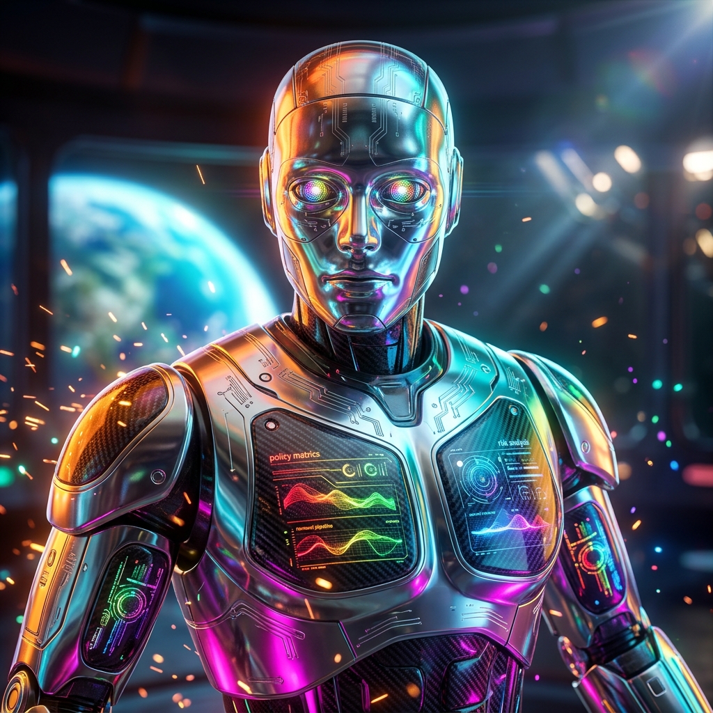 Askomandos — Insurance Command Terminal — Business Management category hero — chrome-plated bipedal android caught mid-motion, sparks and light particles trailing around it in orbital space station observation deck with a planet glowing outside the panoramic window