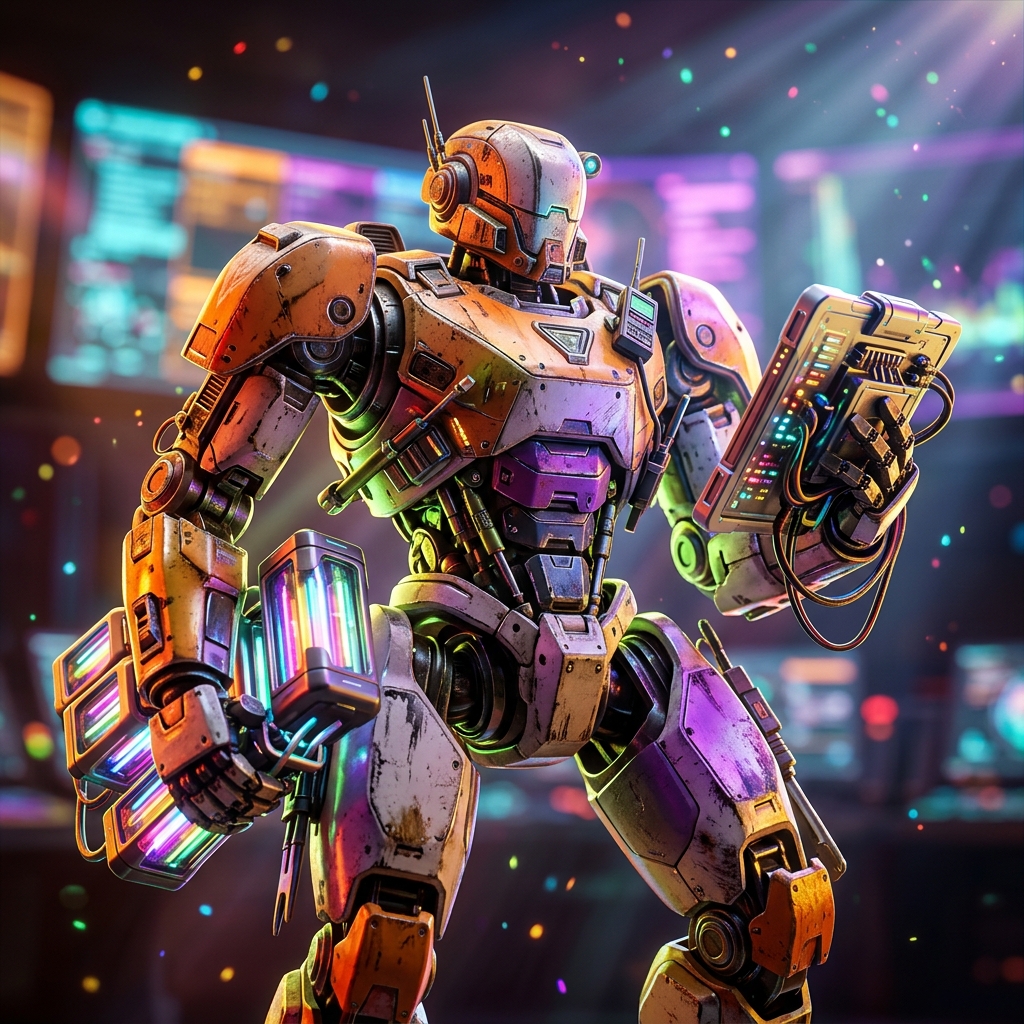 AssetFlow Studio — Creative Production Command Center — Project Management category hero — war-worn but heroic mech pilot robot with painted panels, weathered detail, cinematic hero lighting in futuristic control room with massive glowing holographic screens and volumetric light rays