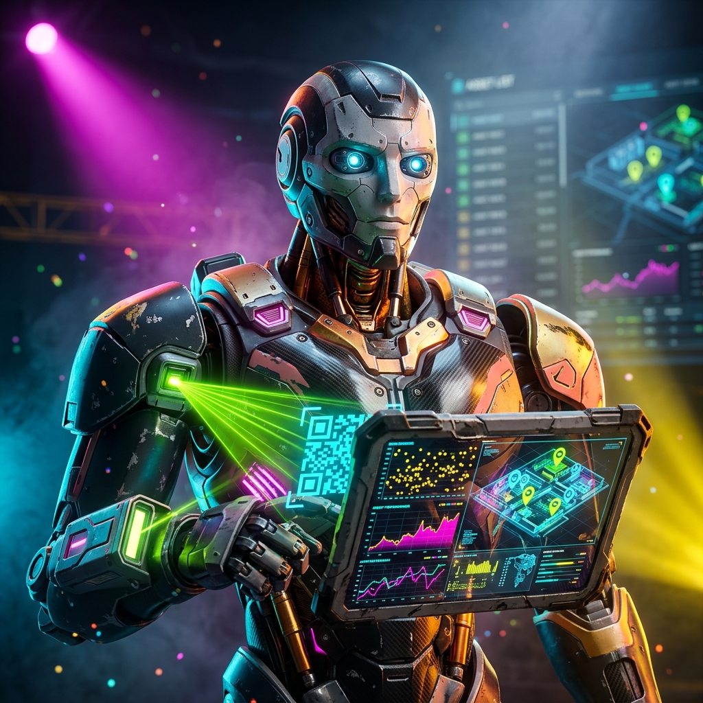 AssetFlow Terminal | QR & Barcode Asset Intelligence — 3D Modeling category hero — war-worn but heroic mech pilot robot with painted panels, weathered detail, cinematic hero lighting in dark cinematic stage with dramatic spotlights streaming down and a hazy atmospheric fog