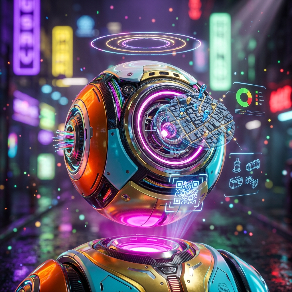 AssetPilot Command | Field Asset & QR Mission Console — Business Management category hero — floating spherical AI orb with concentric glowing rings and orbiting holographic icons around it in neon-lit cyberpunk street at night, wet pavement reflections, hovering holograms in the background