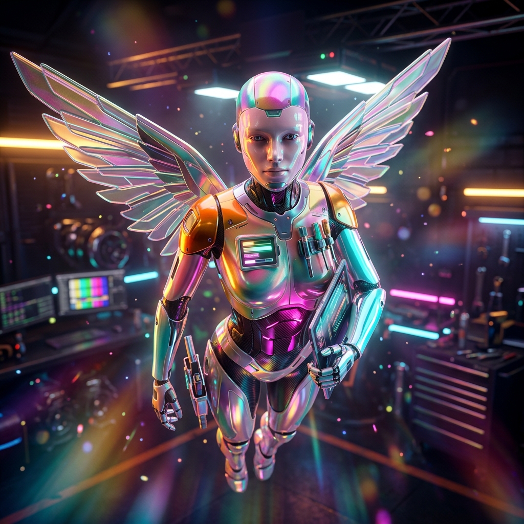 AssetPulse | Engineering Reliability Console — Engineering category hero — courier-style android with iridescent wings unfurled, mid-flight silhouette against the environment in Formula-1 style pit garage with saturated color lighting and mechanical detail