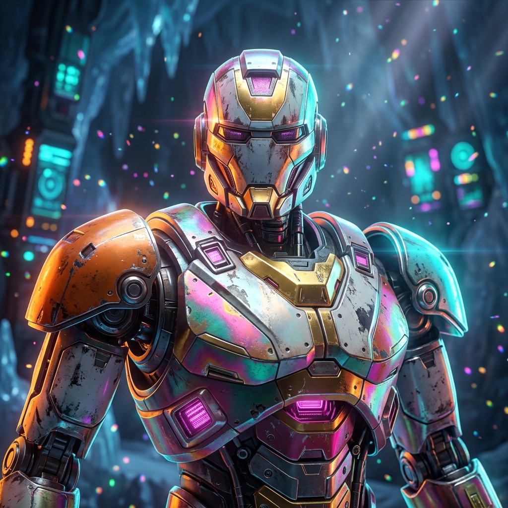 AssuraDesk Terminal | Insurance Agency Command — 3D Modeling category hero — war-worn but heroic mech pilot robot with painted panels, weathered detail, cinematic hero lighting in crystalline ice cavern lit by bioluminescent tech installations