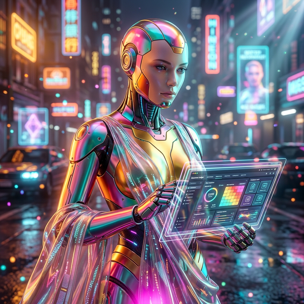 Assurance Ledger · Compliance Intelligence Ledger — Analytics category hero — elegant fashion-forward android in flowing reflective couture fabric, editorial pose in neon-lit cyberpunk street at night, wet pavement reflections, hovering holograms in the background
