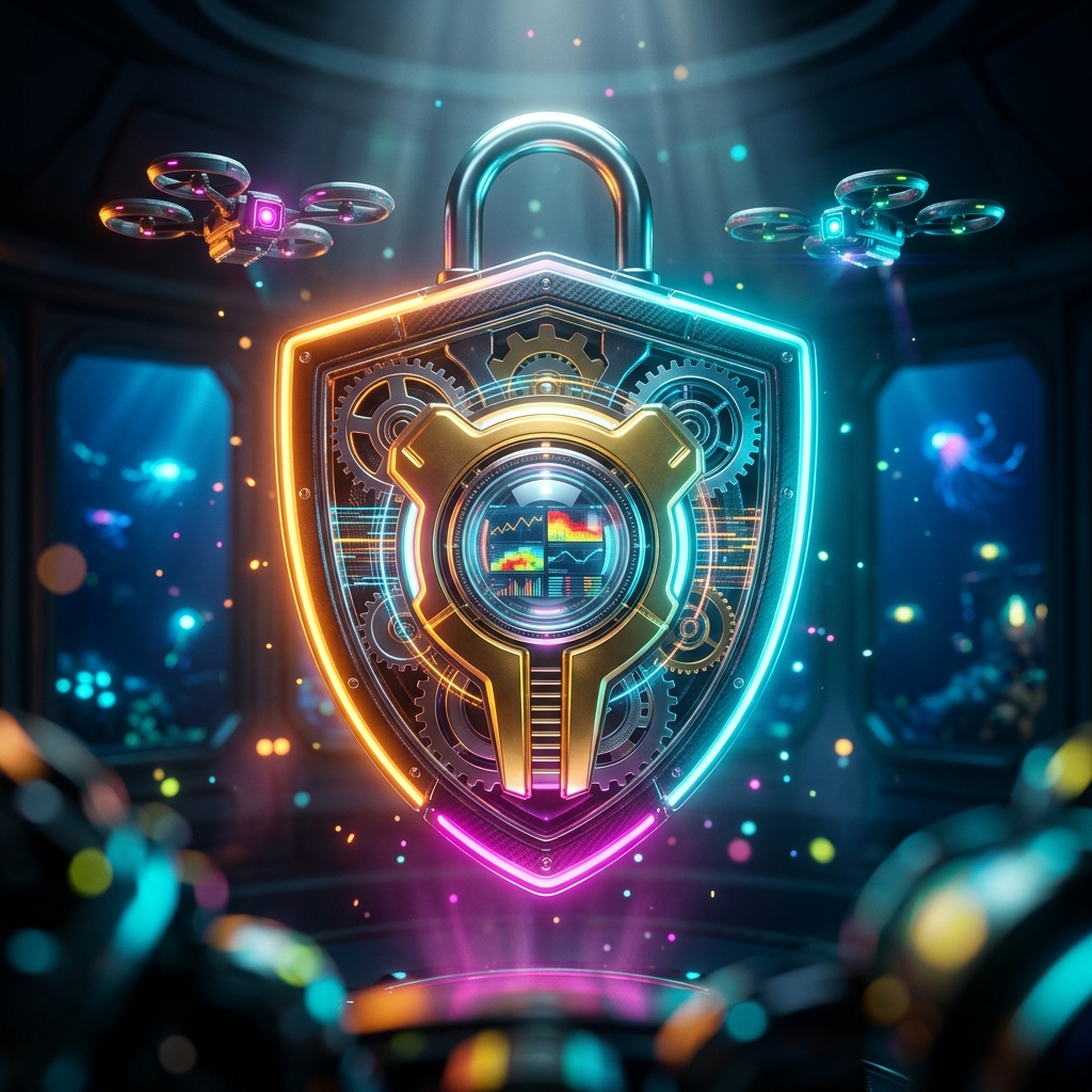 AssuranceGrid · Audit Mission Cockpit — Business Management category hero — glowing digital shield / padlock / crown / crystal object at the frame center, protected by hovering tech drones in deep-sea research bay with bulkhead windows onto a bioluminescent ocean