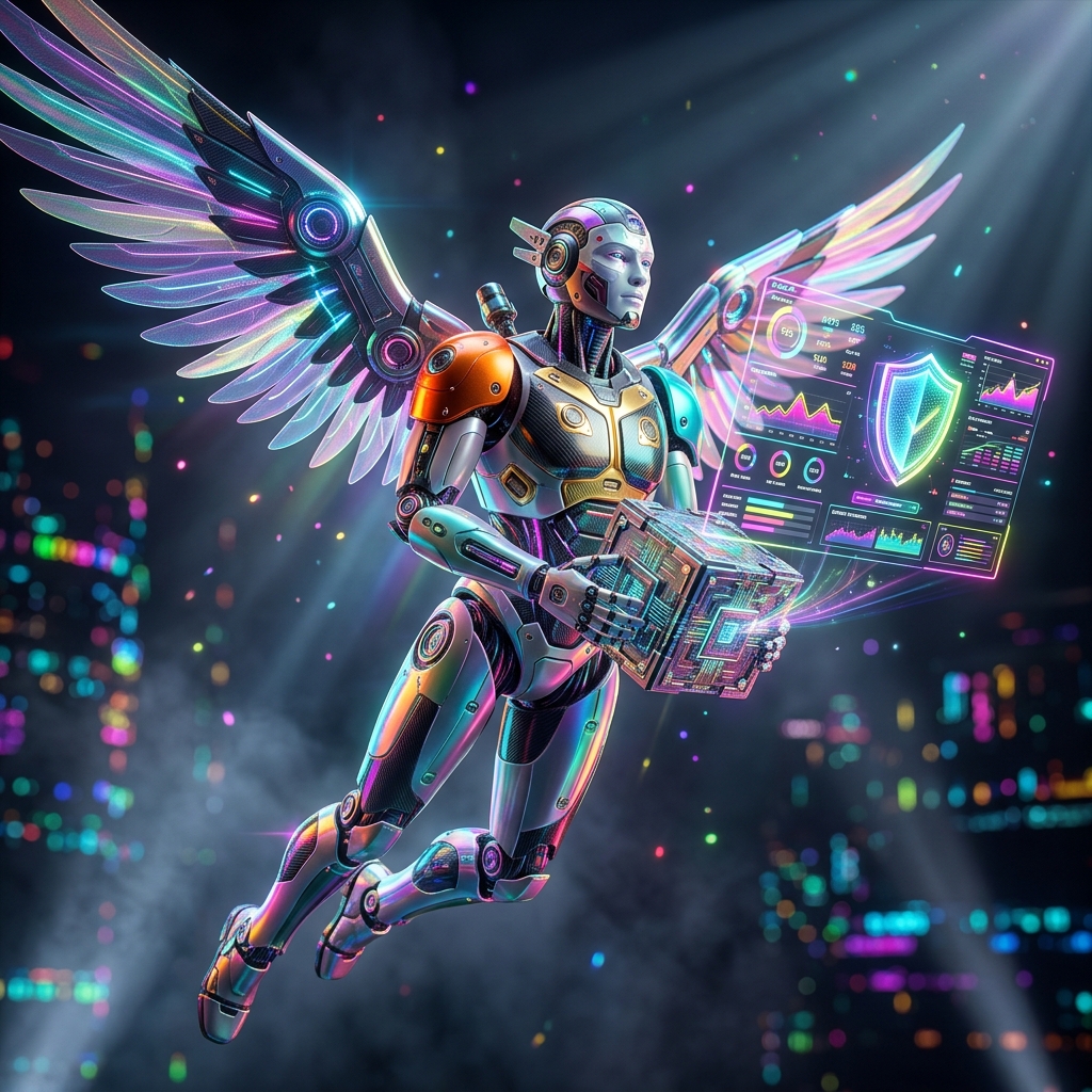 AssuranceGrid | Compliance Intelligence Ledger โ AI Tools category hero โ courier-style android with iridescent wings unfurled, mid-flight silhouette against the environment in dark cinematic stage with dramatic spotlights streaming down and a hazy atmospheric fog