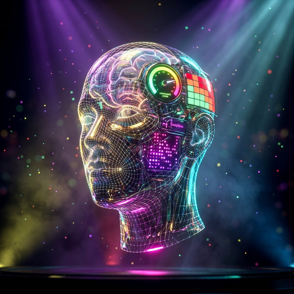 AssureLedger – Compliance Intelligence Ledger — 3D Modeling category hero — wireframe holographic human head made of glowing data points, floating in the frame center in dark cinematic stage with dramatic spotlights streaming down and a hazy atmospheric fog