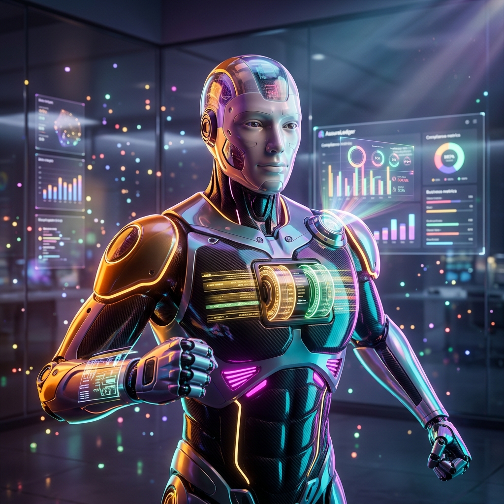 AssureLedger | Compliance Intelligence Ledger — Business Management category hero — sleek sports-car-inspired bipedal android mid-motion, carbon-fiber musculature and glowing accent lines in sleek high-tech laboratory with glass walls, floating data panels and particle light