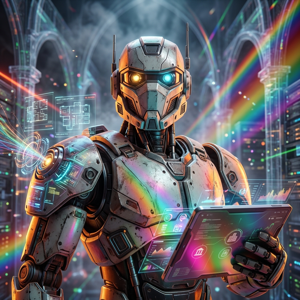 AssureLedger — Facility Compliance & Audit Intelligence — Business Management category hero — war-worn but heroic mech pilot robot with painted panels, weathered detail, cinematic hero lighting in underground rave-like data cathedral with laser beams cutting through smoke