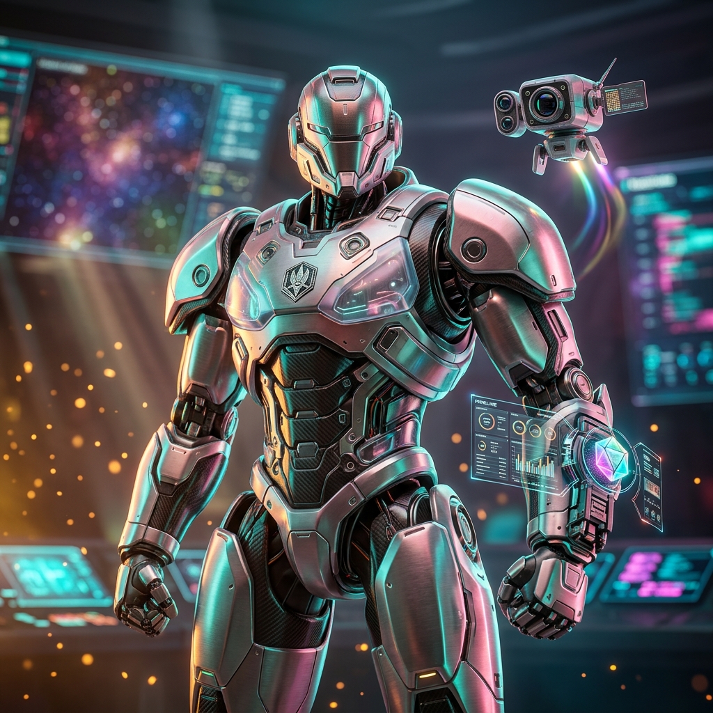Aster Command | CRM Mission Control — CRM category hero — duo of contrasting robots — one large hero mech and a small companion droid — composed cinematically in futuristic control room with massive glowing holographic screens and volumetric light rays