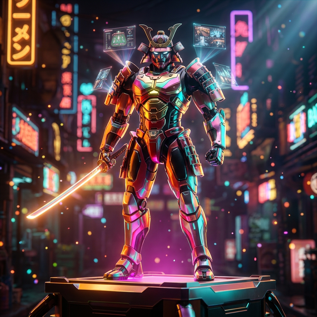 AstraVault Command | Casino Ops Mission Control — Casino category hero — majestic samurai-styled mech in lacquered armor with neon under-glow, katana of light in hand in Blade-Runner-style noodle-shop alley with dense neon signage in the background