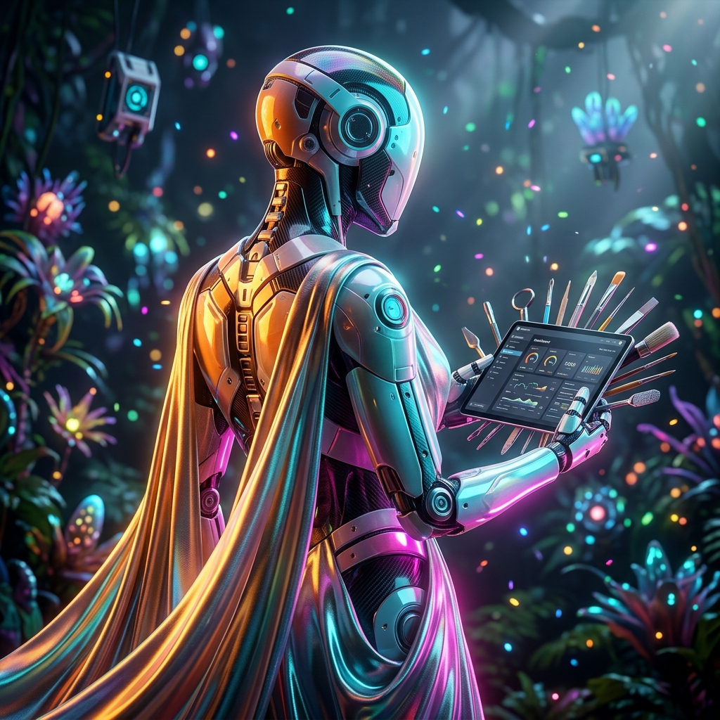 Atelier OS — Mission Control for Crafts & Making — Crafts category hero — elegant fashion-forward android in flowing reflective couture fabric, editorial pose in alien jungle biome with glowing flora and floating tech artifacts
