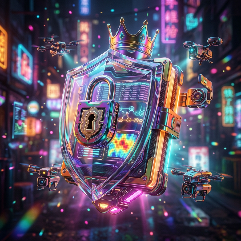 Atlas Ledger | Compliance Intelligence Ledger — Accounting category hero — glowing digital shield / padlock / crown / crystal object at the frame center, protected by hovering tech drones in Blade-Runner-style noodle-shop alley with dense neon signage in the background