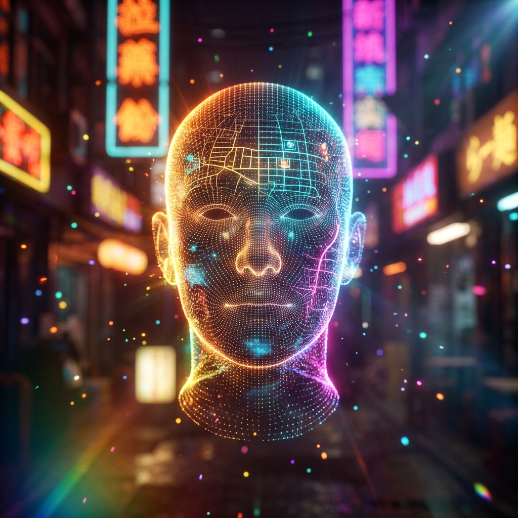 AtlasDesk — Field Operations Grid & Dispatch Control — Business Management category hero — wireframe holographic human head made of glowing data points, floating in the frame center in Blade-Runner-style noodle-shop alley with dense neon signage in the background