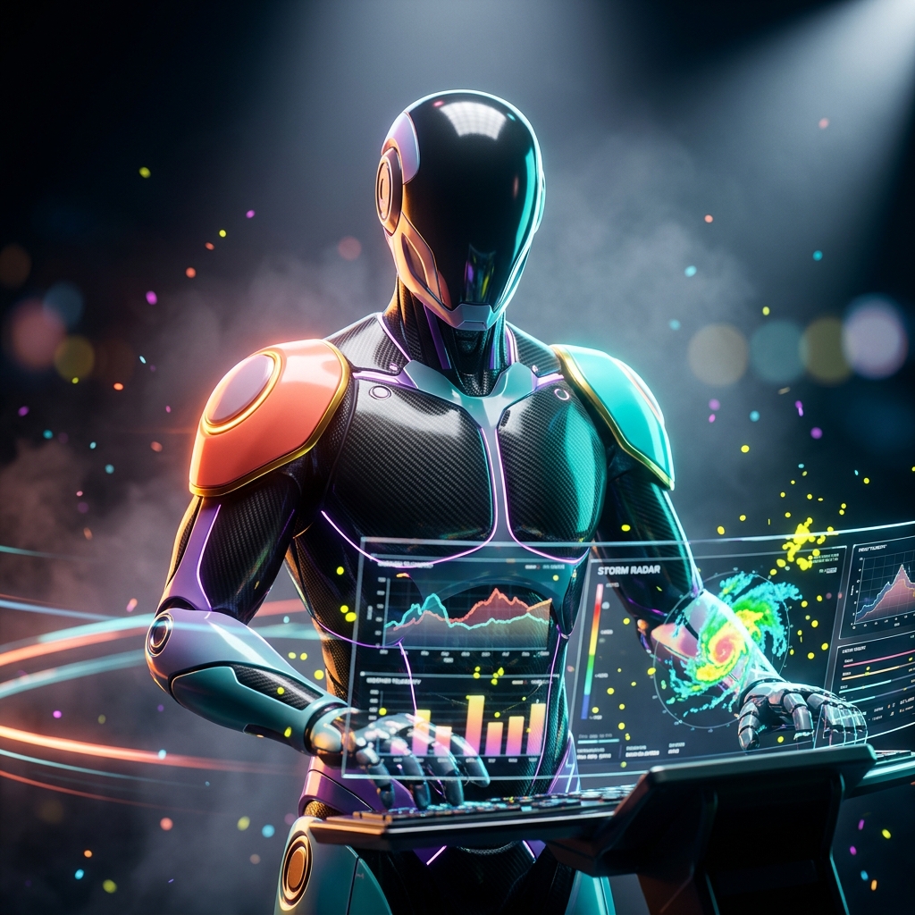 AtmoPilot Command — StormDesk Pro — Weather category hero — sleek sports-car-inspired bipedal android mid-motion, carbon-fiber musculature and glowing accent lines in dark cinematic stage with dramatic spotlights streaming down and a hazy atmospheric fog