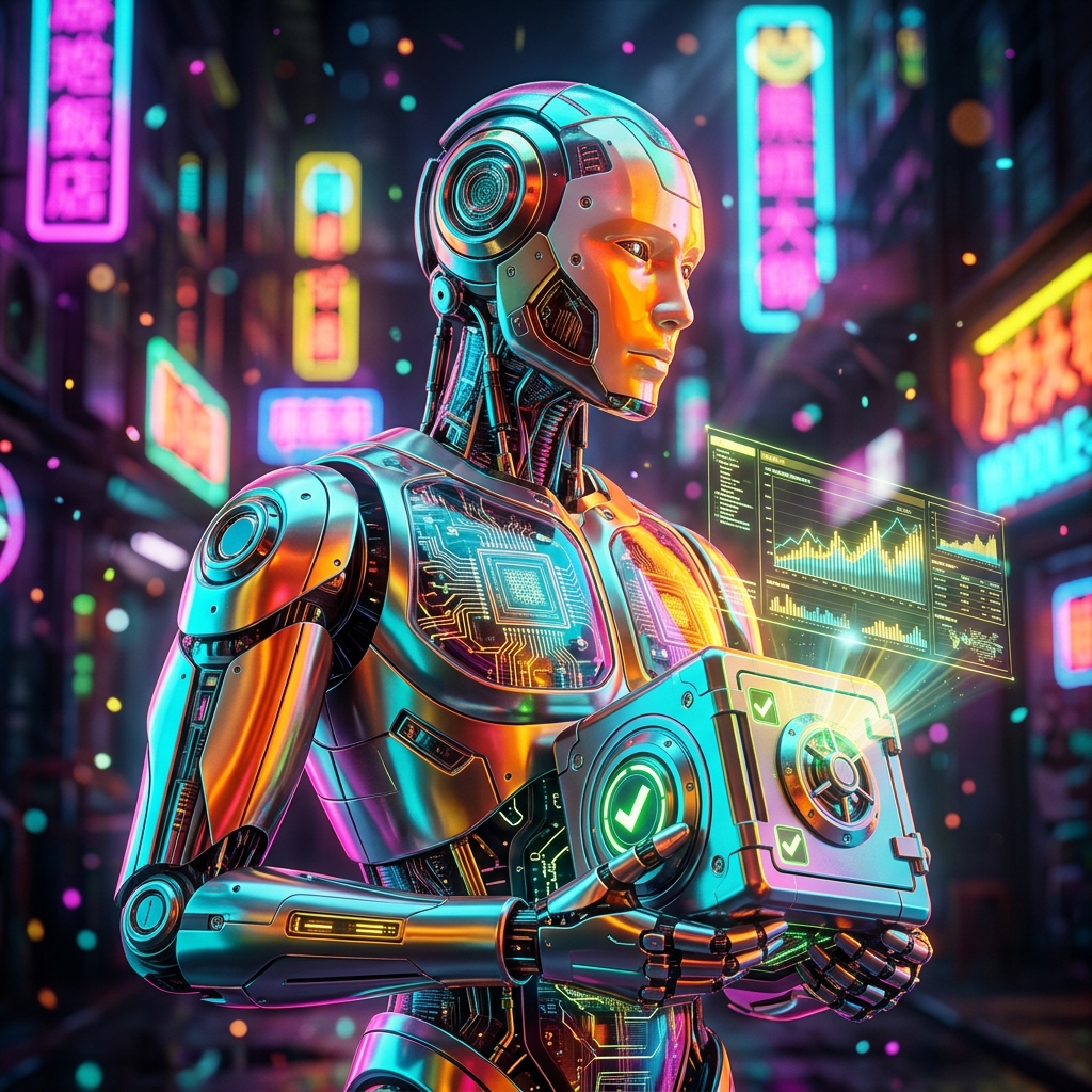 Audit Ledger | Compliance Intelligence Ledger — Accounting category hero — cinematic cyborg character seen in three-quarter profile, exposed circuitry glowing beneath translucent skin, intense neon rim light in Blade-Runner-style noodle-shop alley with dense neon signage in the background