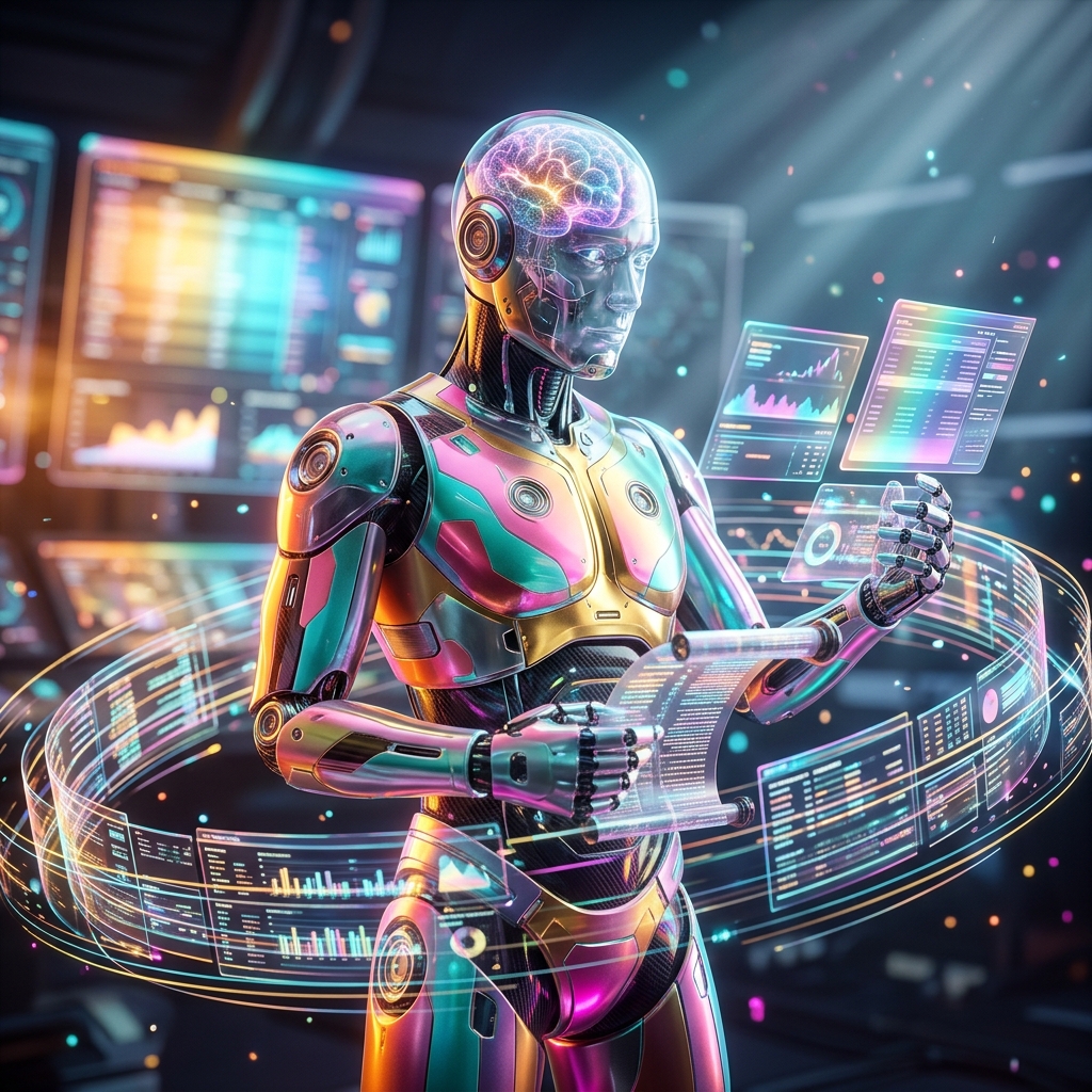 AuditBridge · Compliance Intelligence Ledger — Business Management category hero — translucent glass humanoid figure with a glowing neural-network brain visible inside its head in futuristic control room with massive glowing holographic screens and volumetric light rays