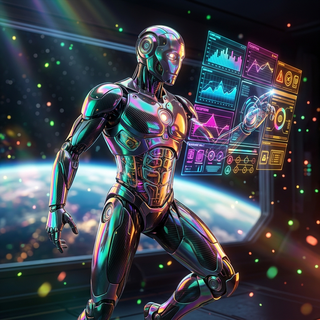 AuditCrest | Compliance Intelligence Ledger — Analytics category hero — sleek sports-car-inspired bipedal android mid-motion, carbon-fiber musculature and glowing accent lines in orbital space station observation deck with a planet glowing outside the panoramic window