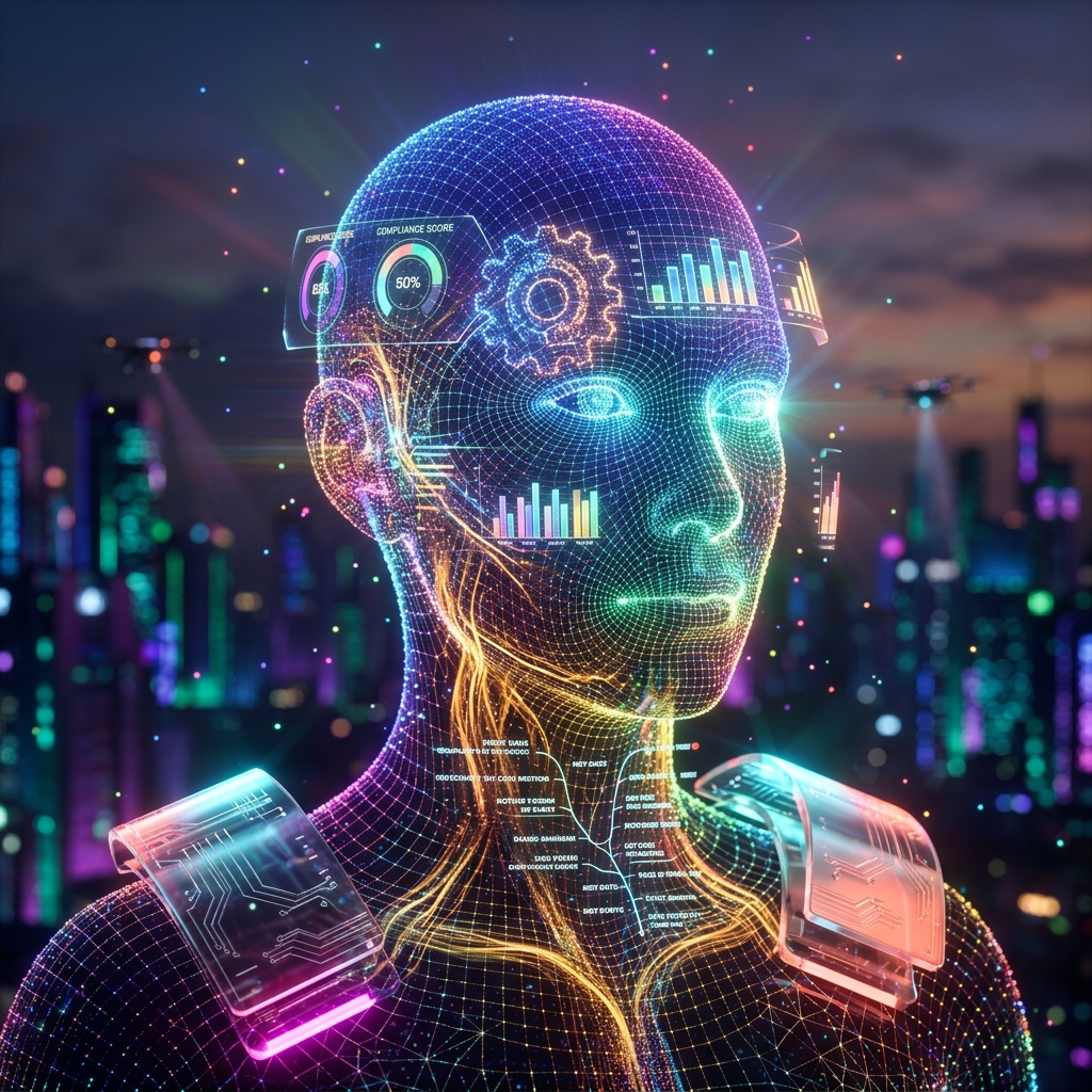 AuditForge — Compliance & Audit Mission Control — Global Business & Corporate Services category hero — wireframe holographic human head made of glowing data points, floating in the frame center in rooftop overlooking a neon megacity skyline at dusk, drones flying in the distance