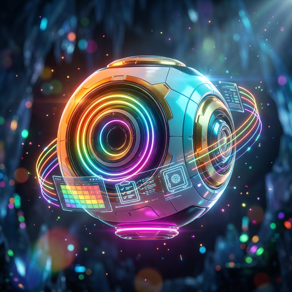AuditForge — Field Operations Compliance Intelligence Ledger — Analytics category hero — floating spherical AI orb with concentric glowing rings and orbiting holographic icons around it in crystalline ice cavern lit by bioluminescent tech installations
